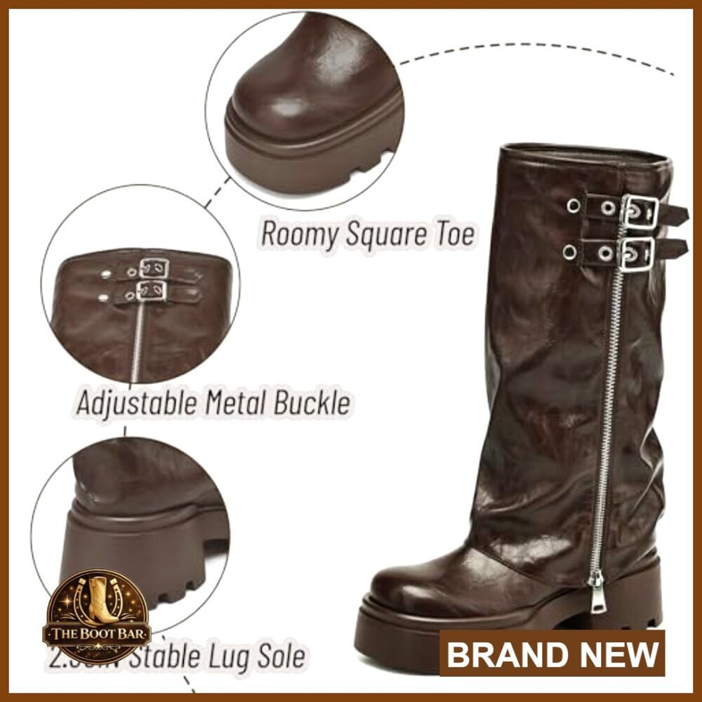 Knee High Moto Boots with Fold Over Design, Platform Chunky Heel, Wide Calf - Picture 4 of 6